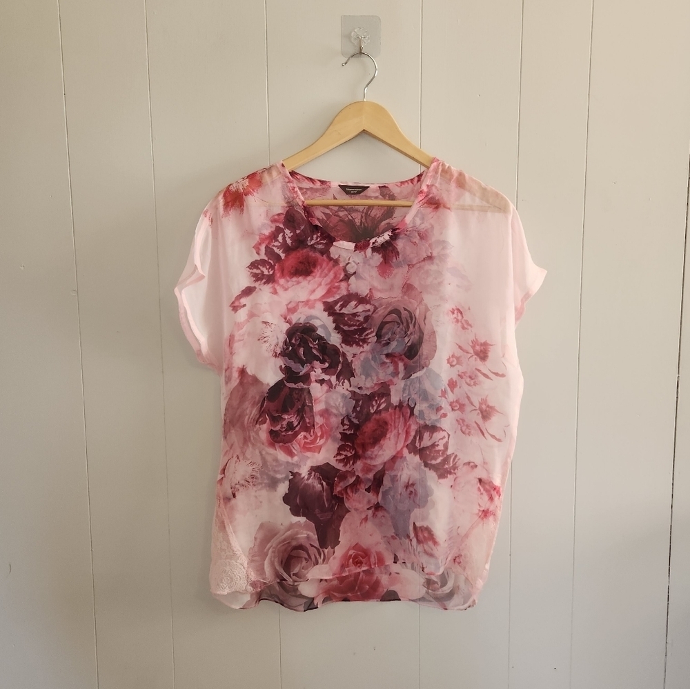 Denver Hayes Sheer Pink Floral Top Blouse Feminine Office Lace Dressy